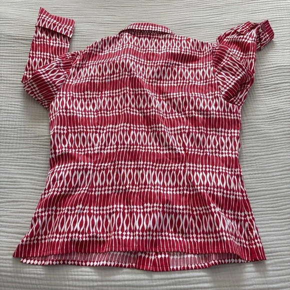 Vintage Carlisle Blouse Womens Size 14 Red White 100% Silk Tunic Button Front - Picture 5 of 8